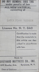 Mattress Law Tag from 1950 using Latex foam rubber