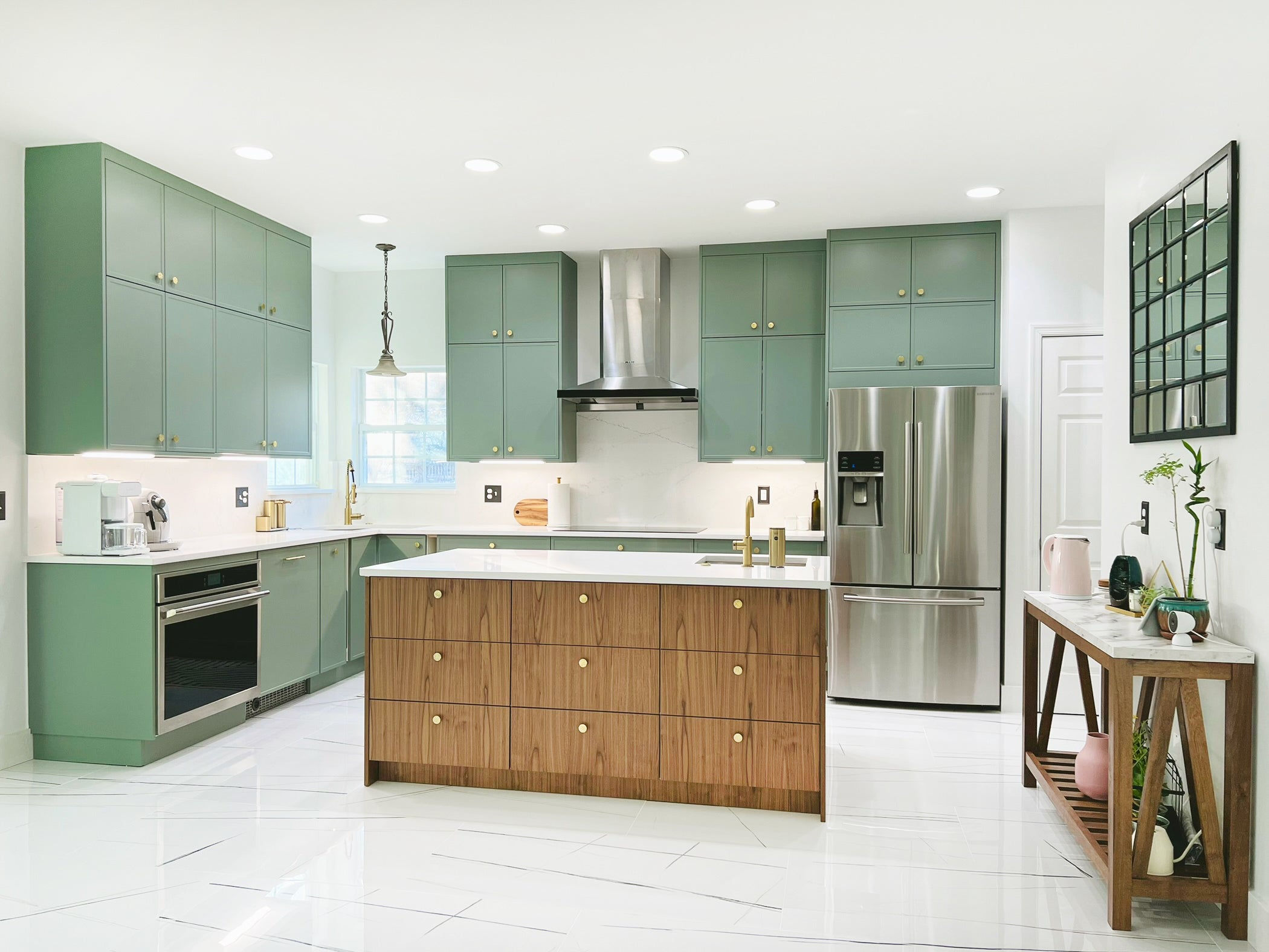 Sage green kitchen cabinets with walnut wood countertop on Craiyon