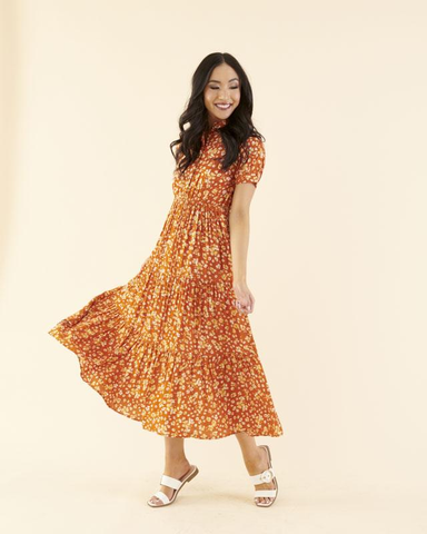 orange floral maxi dress, modest clothing, modest dresses