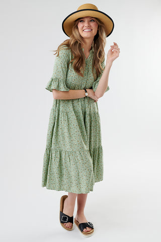 modest dresses, modest tiered dress, green tiered floral dress