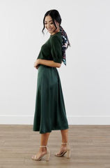 green silky midi skirt, modest clothing, modest clothes