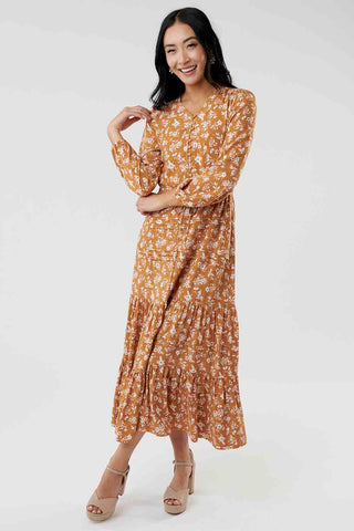 modest dress, marigold floral midi dress, modest clothes