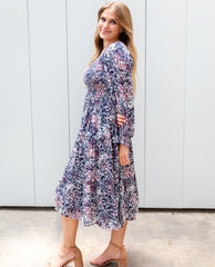 modest dresses, blue floral midi dress, mikarose dresses