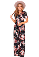 black modest maxi dress with bold pink flowers