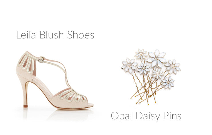 Leila Blush Shoes, Opal Crystal Daisy Hair Pins 