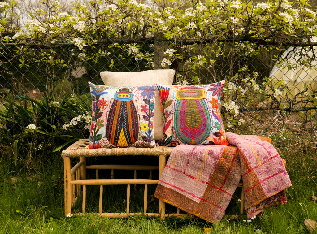 Cushions, hand embroidered with insects. Coussins brodé main. Cape Town