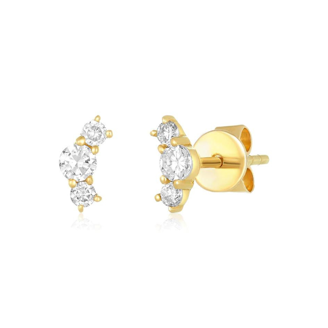 Mini Baguette + Round Trio Studs 14K Yellow Gold / Pair