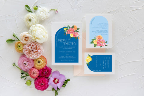 Mediterranean wedding invitation inspiration - blue arches and watercolor florals