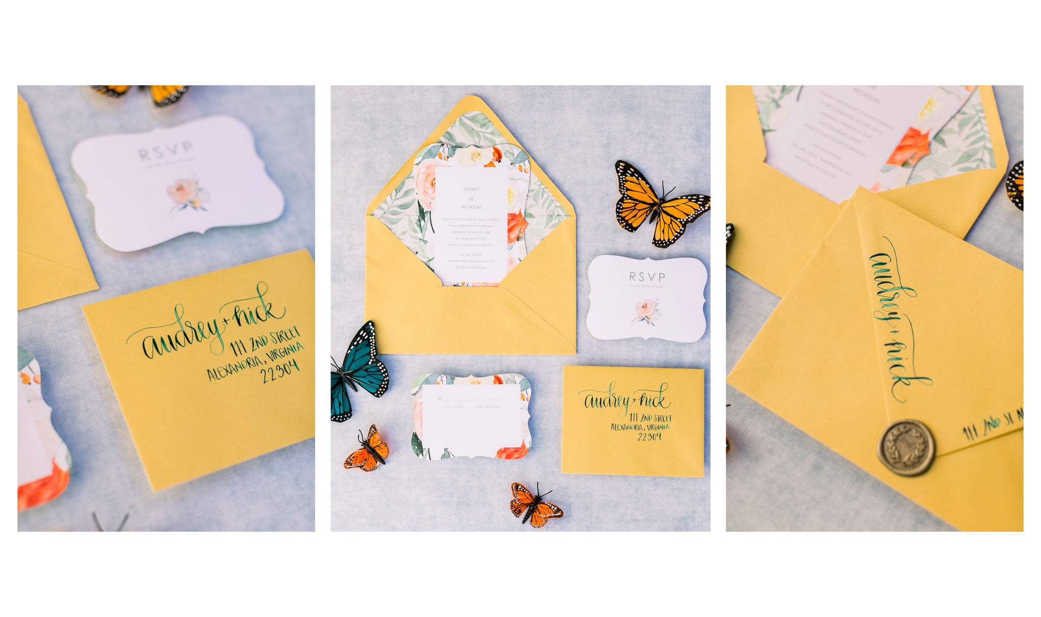 yellow wedding envelopes with green calligraphy for a summer wedding by fioribelle