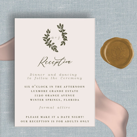 reception card insert for forest green wedding invitations by Fioribelle