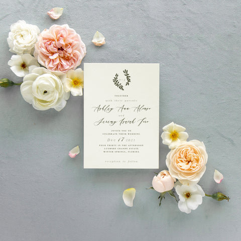 forest green wedding invitations - formal wording for wedding invites by Orlando wedding invitation designer Fioribelle