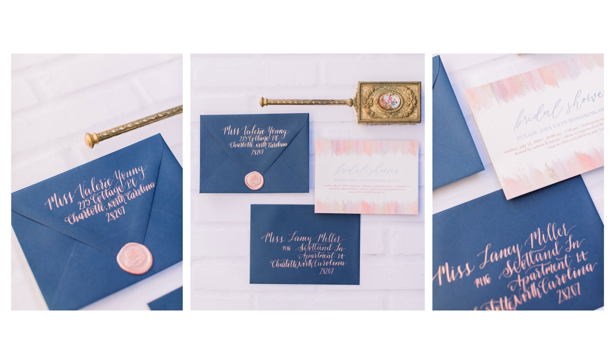 navy blue envelope calligraphy for bridal shower invitations by fioribelle