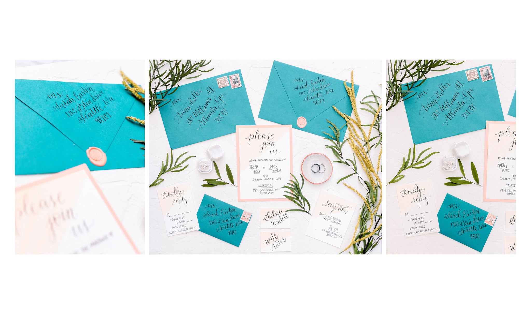 teal envelopes with black calligraphy for wedding invitations by fioribelle