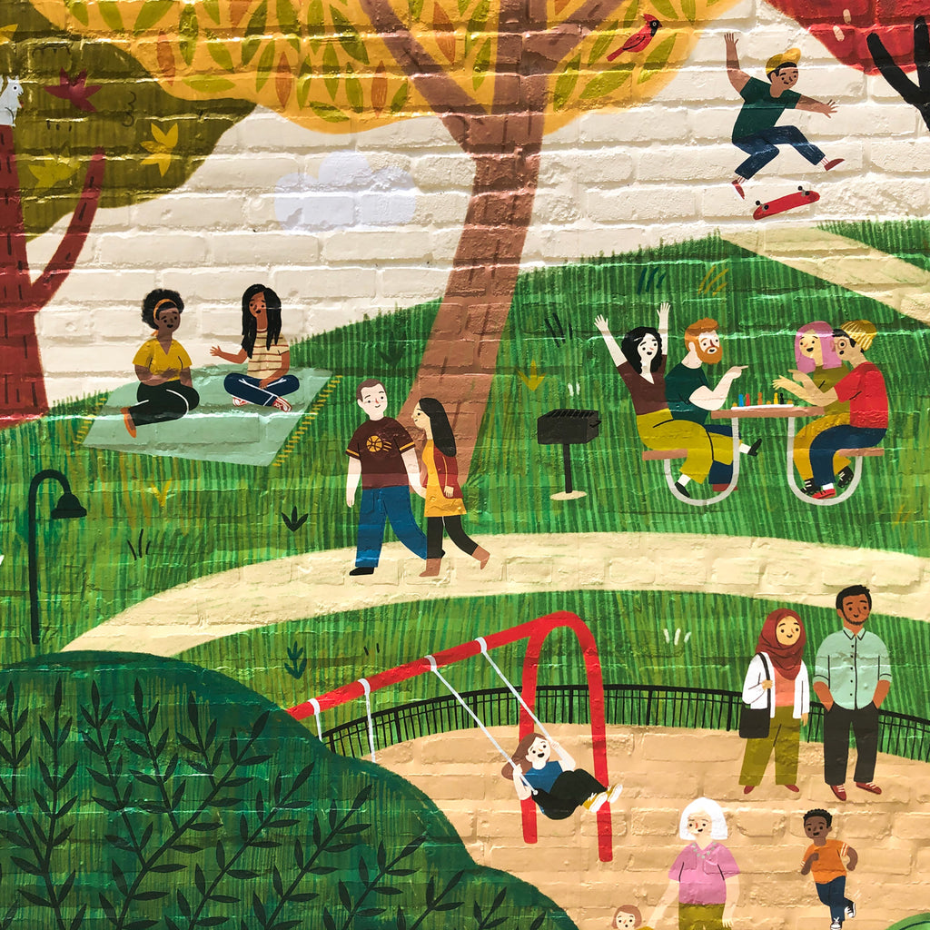 Section of mural with children and parents at a playground, a skateboarder, a group of friends at a picnic table playing a board game, a couple wearing Cleveland Cavaliers clothes, and two people sitting on a blanket talking