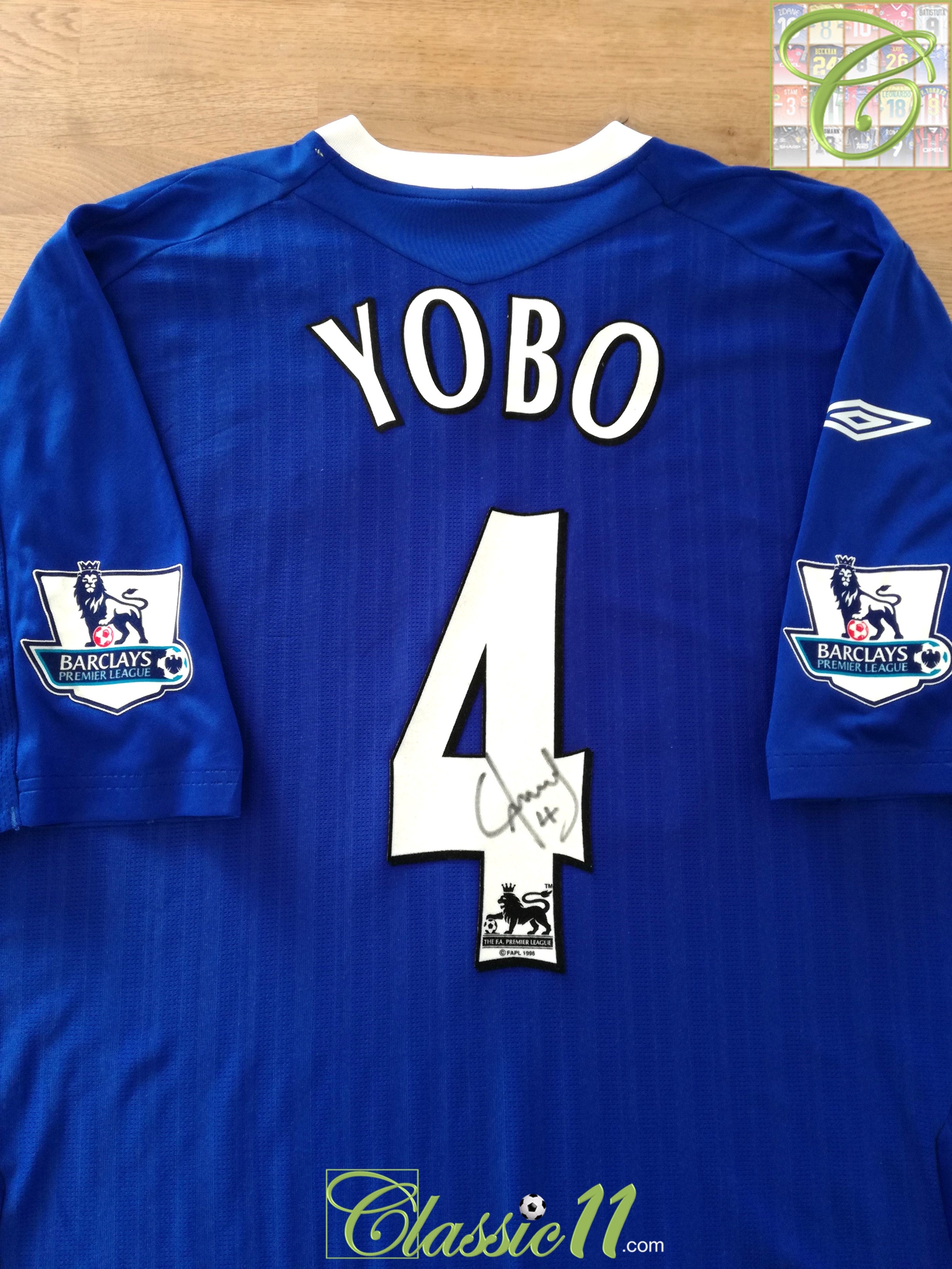 2007/08 Everton Home Match Issue Premier League Football Shirt Yobo #4 (Signed) (XXL)