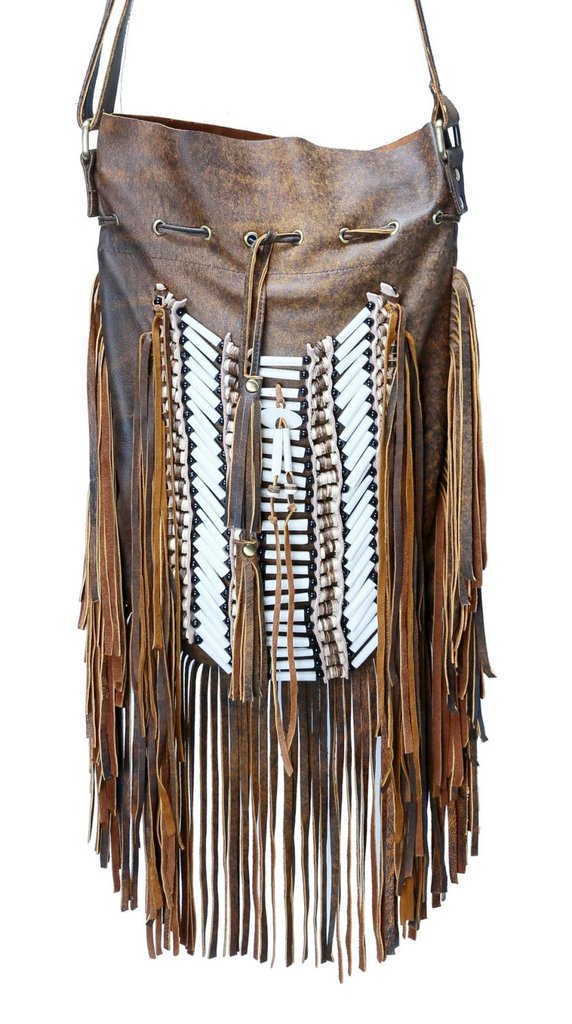 Boho Fringe Leather Bag Dark Brown With Black Bone Choker 