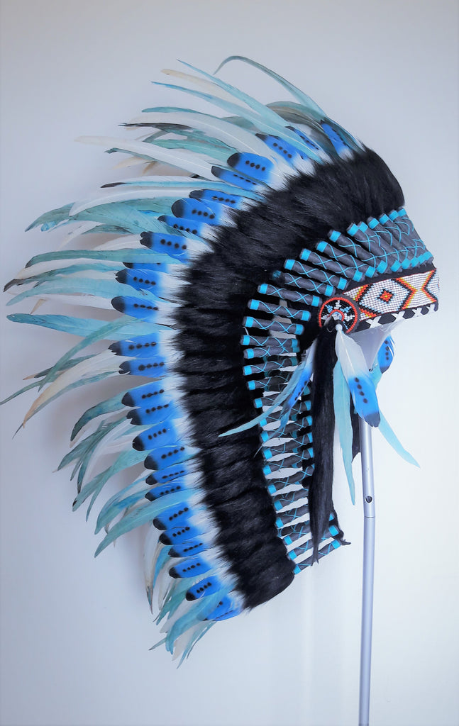Y110 Medium Indian Double Feather Blue Headdress 36 Inch Long Theworldoffeathers