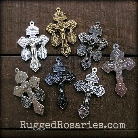 Pardon Indulgence Crucifix with St Benedict Medal and Miraculous Medal Triple Threat Crucifix Cross for Rosary Making - 2 1/8 inch Silver Oxidized