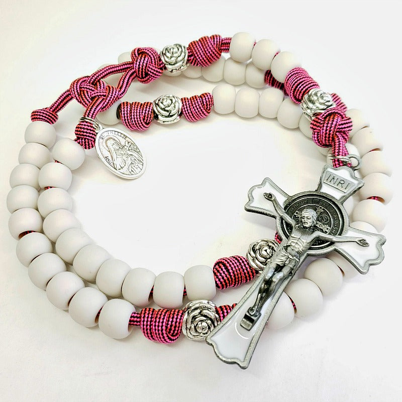 Rugged Pink Paracord Saint Therese Of Lisieux Rosary Durable Rosary