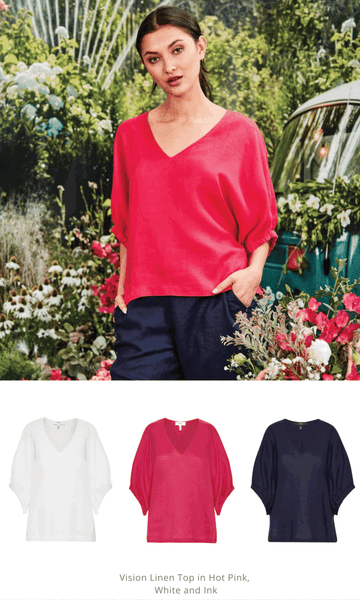 Verge Vision Top Online Pink linen top, White linen Top and navy linen top with sleeves