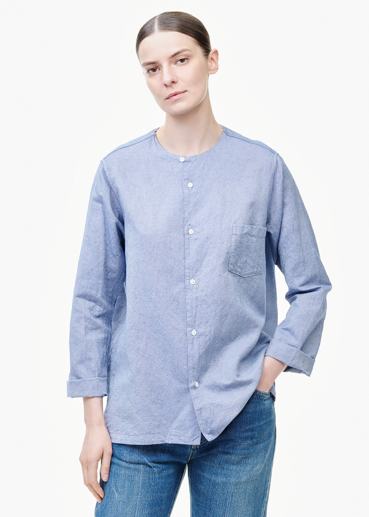 Kaval Collarless Oxford Shirt Blue | Tiina The Store