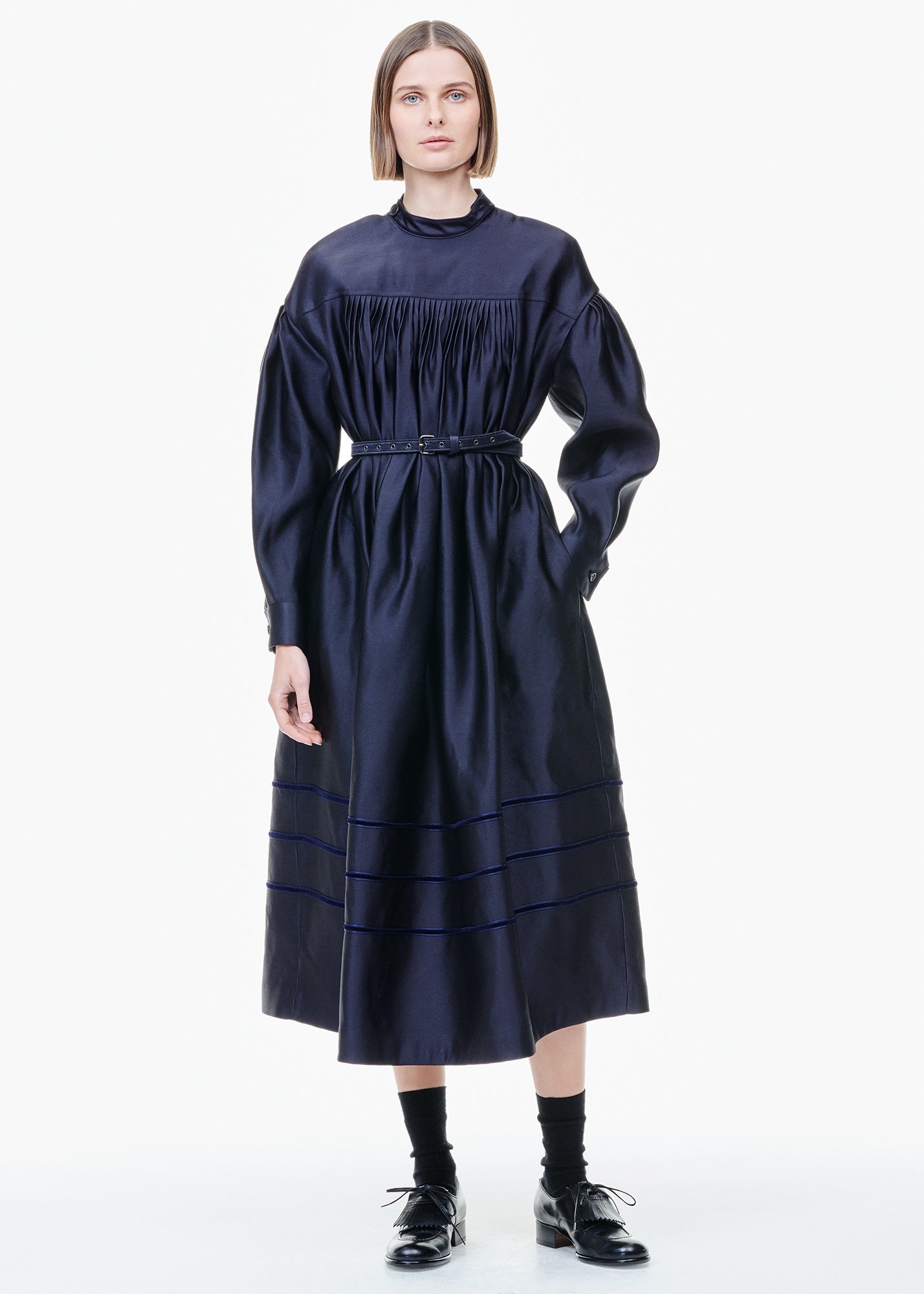 Zanini Satin Dress With Yoke Navy Blue | Tiina The Store