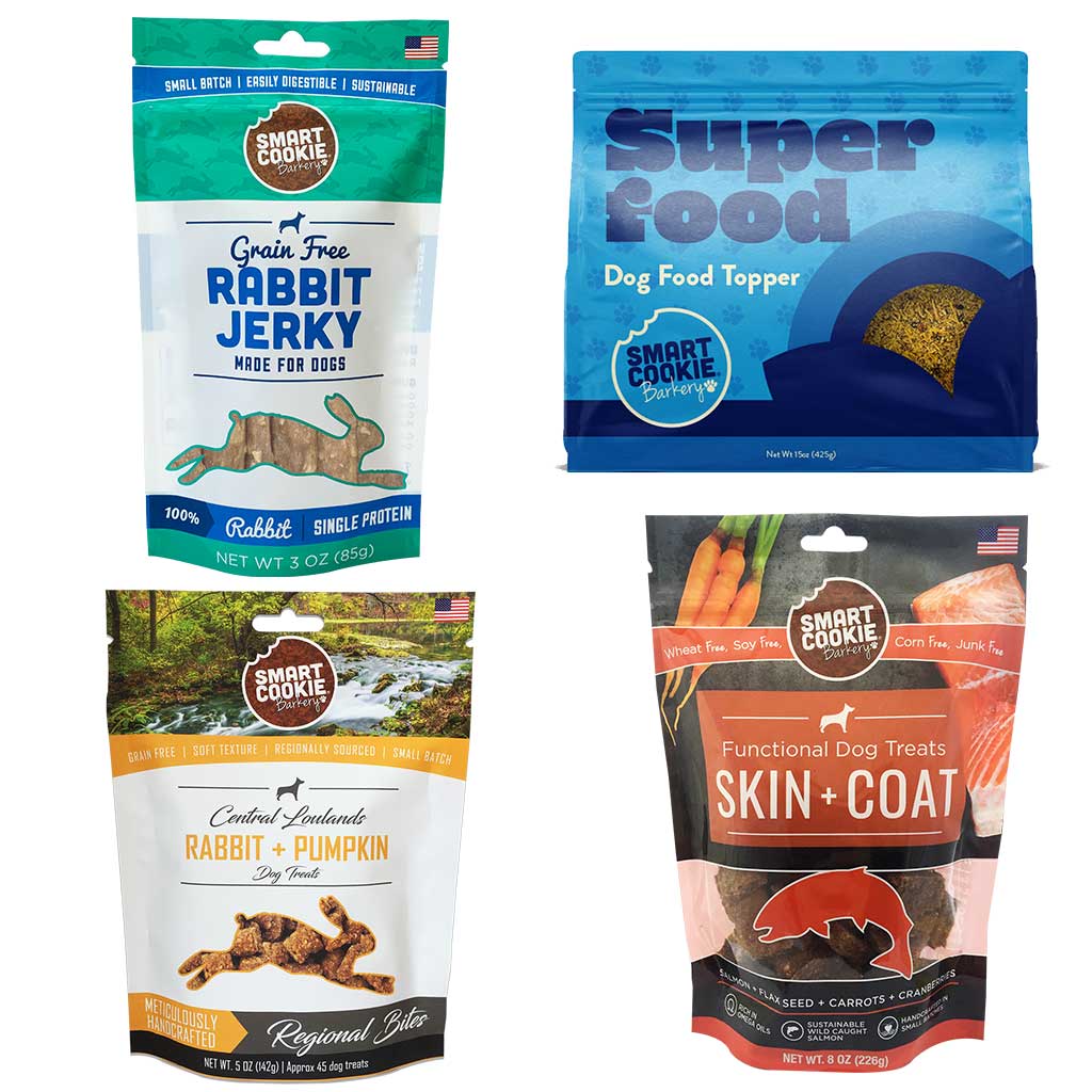 Best Sellers Variety Pack - 4 flavors - Rabbit & Pumpkin, Superfood Dog Food Topper, Salmon Skin & Coat Treats, and Rabbit Jerky