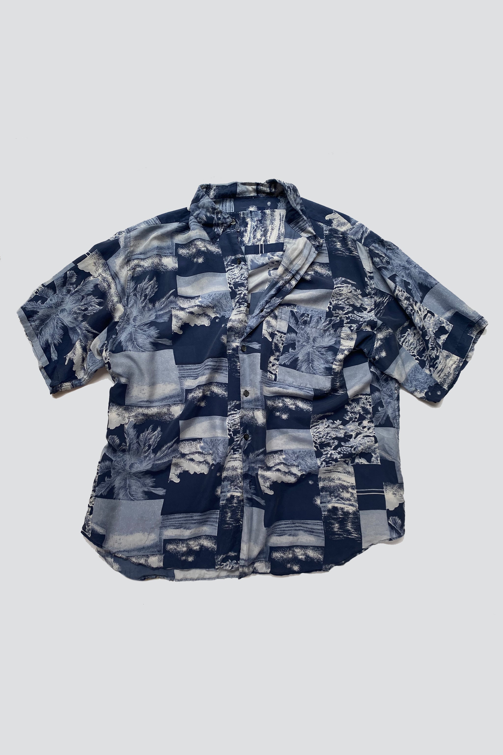 Blue Silk Sea Square Print Button Up