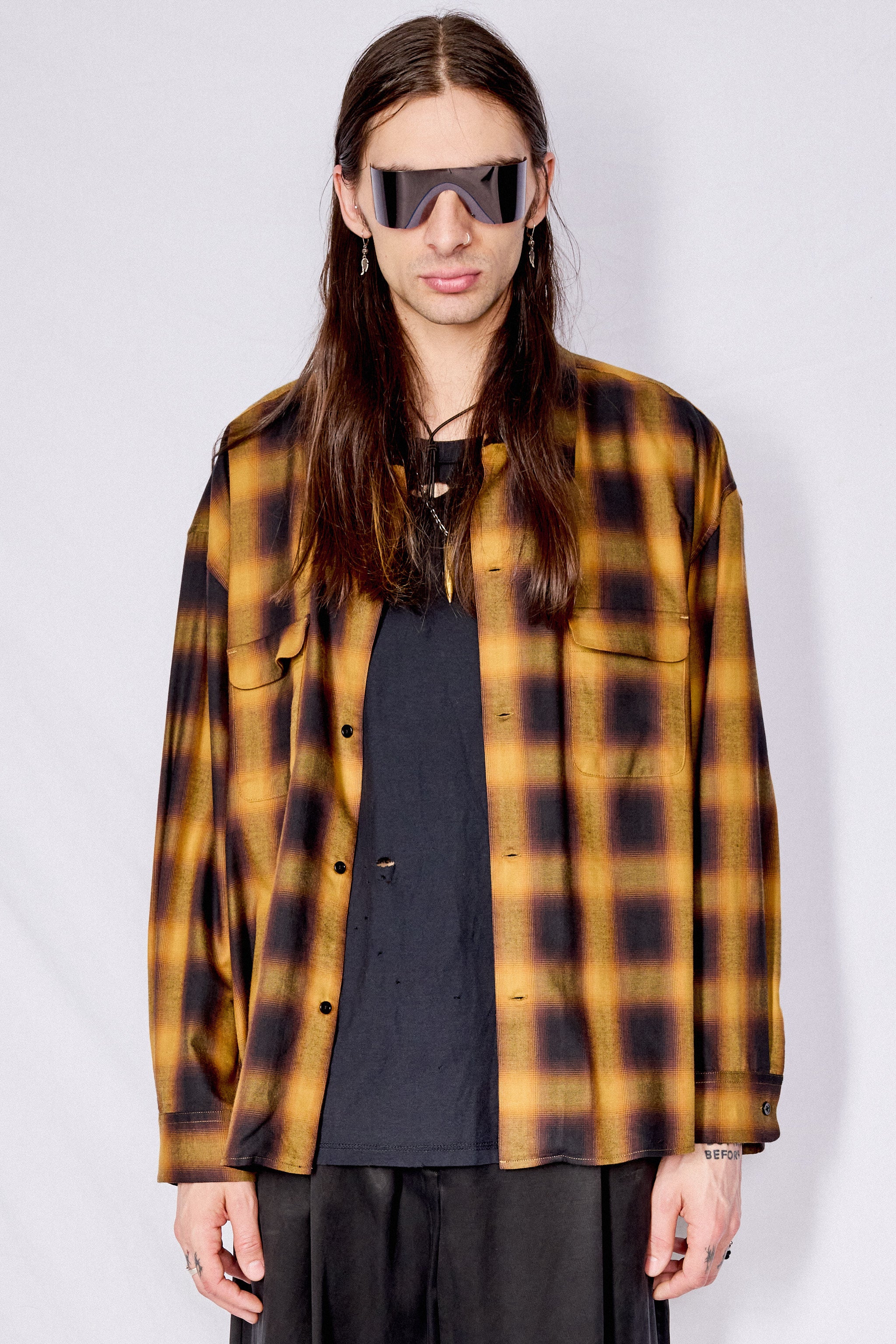 Black/Brown Plaid Cotton Crop Pocket Shirt