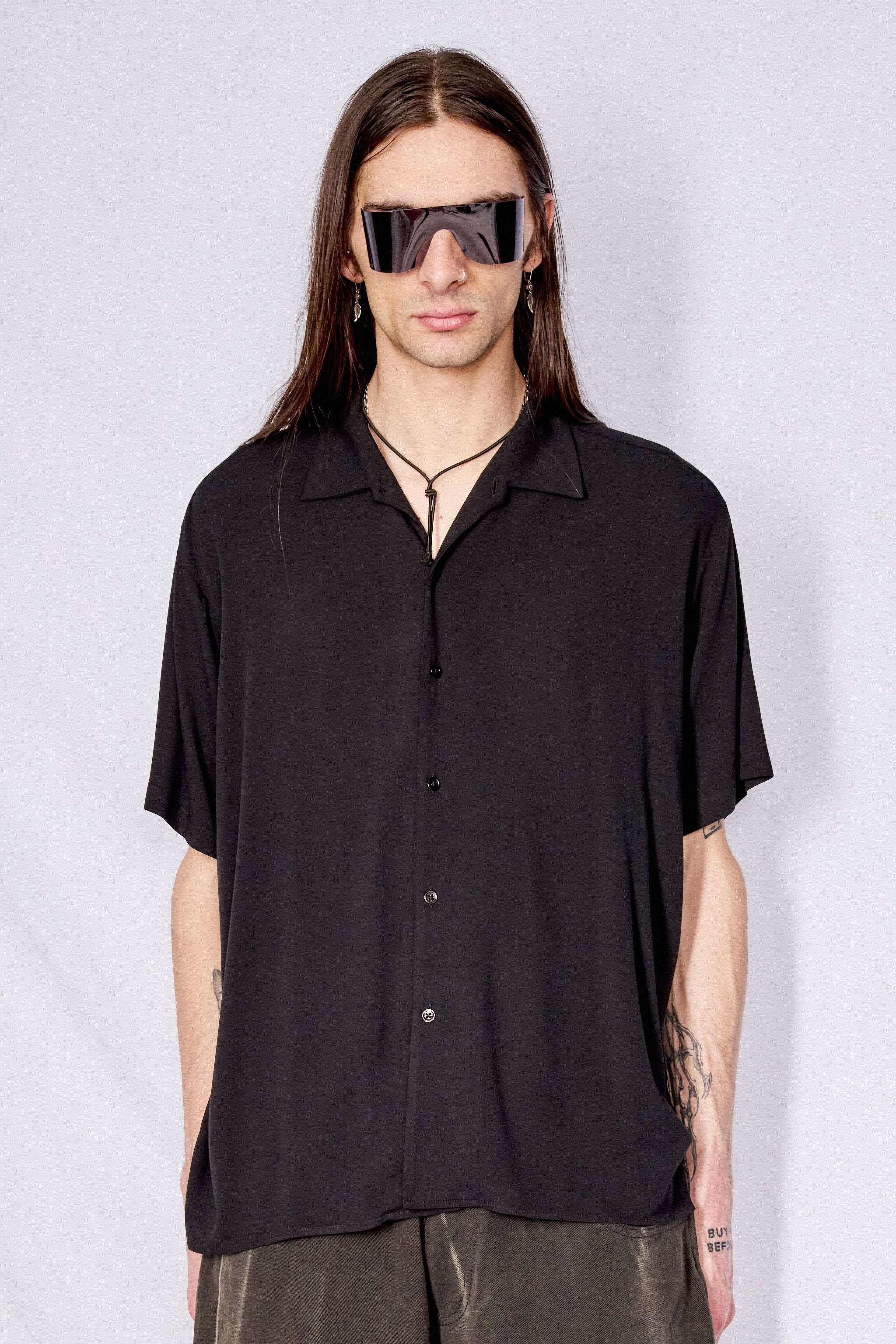 Black Crepe Camp Shirt