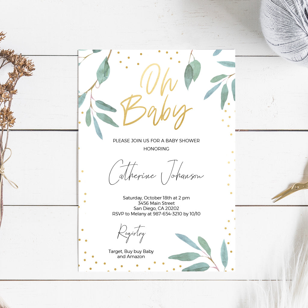 Greenery And Gold Baby Shower Invitation Printable Ballon Rouge