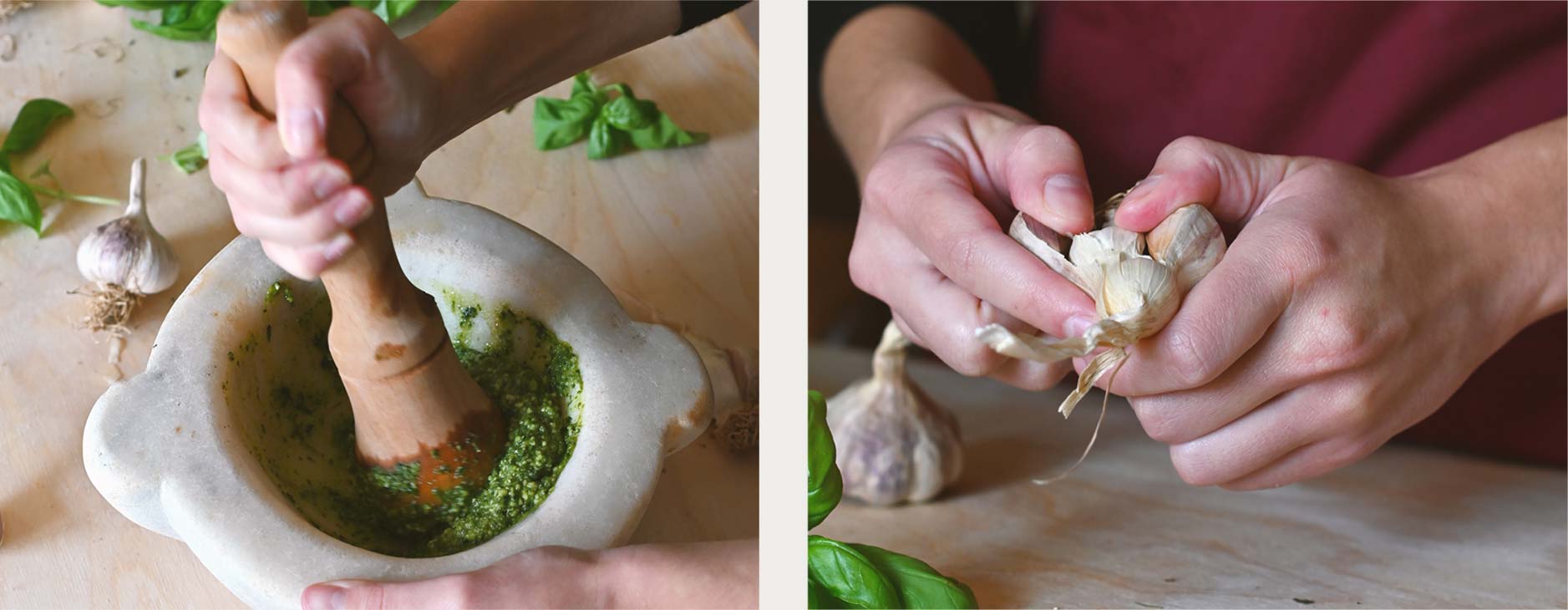 pesto sauce making, garlic and basil, pasta al pesto