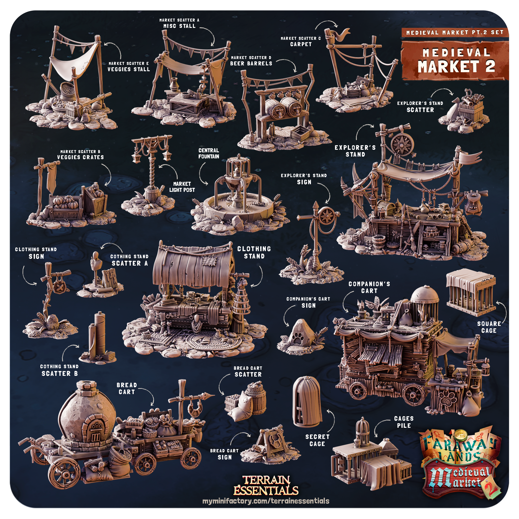 3D Printed Cast n Play Medieval Market 2 Terrain Set 28mm 32mm D&D