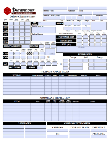 Deluxe Pathfinder Character Sheet Form Fillable Open Gaming Store