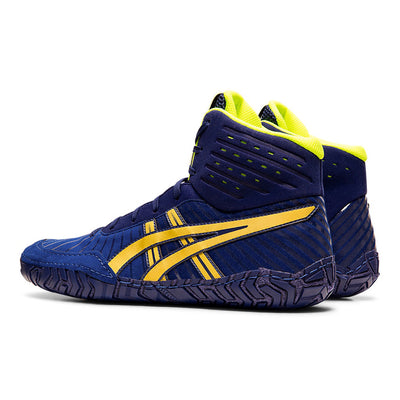 blue and gold asics wrestling shoes