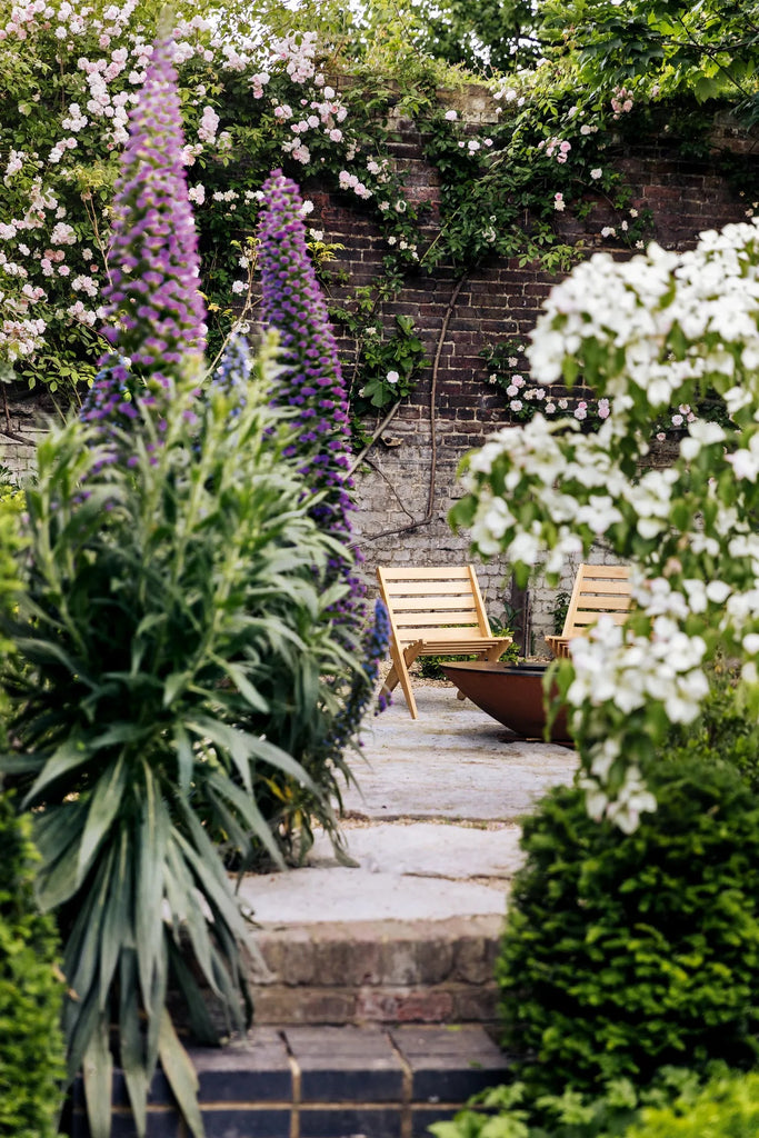 View of the garden with a reclining chair