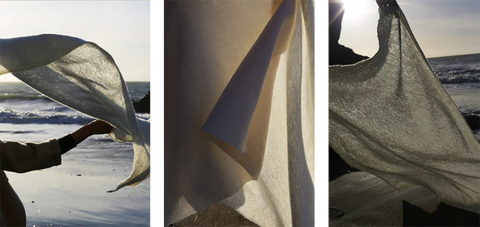 Three images of cashmere swatches in the light and wind