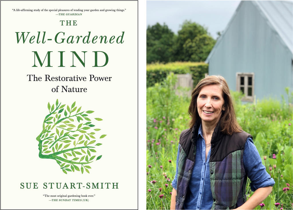 cover of Sue's book The Well-Gardened Mind and a portrait of Sue in her garden