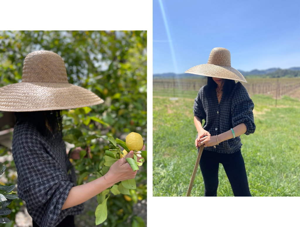 Lan wearing the House Cardi while gardening