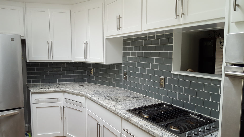 light gray mini subway kitchen tiles