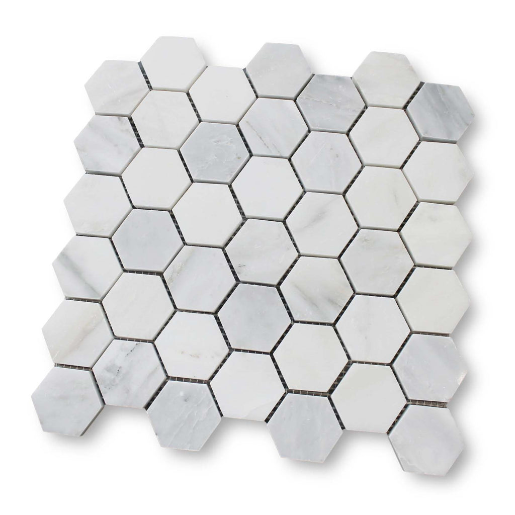 Bianco Carrara  Marble  2 Inch Hexagon  Mosaic Tiles  Rocky 