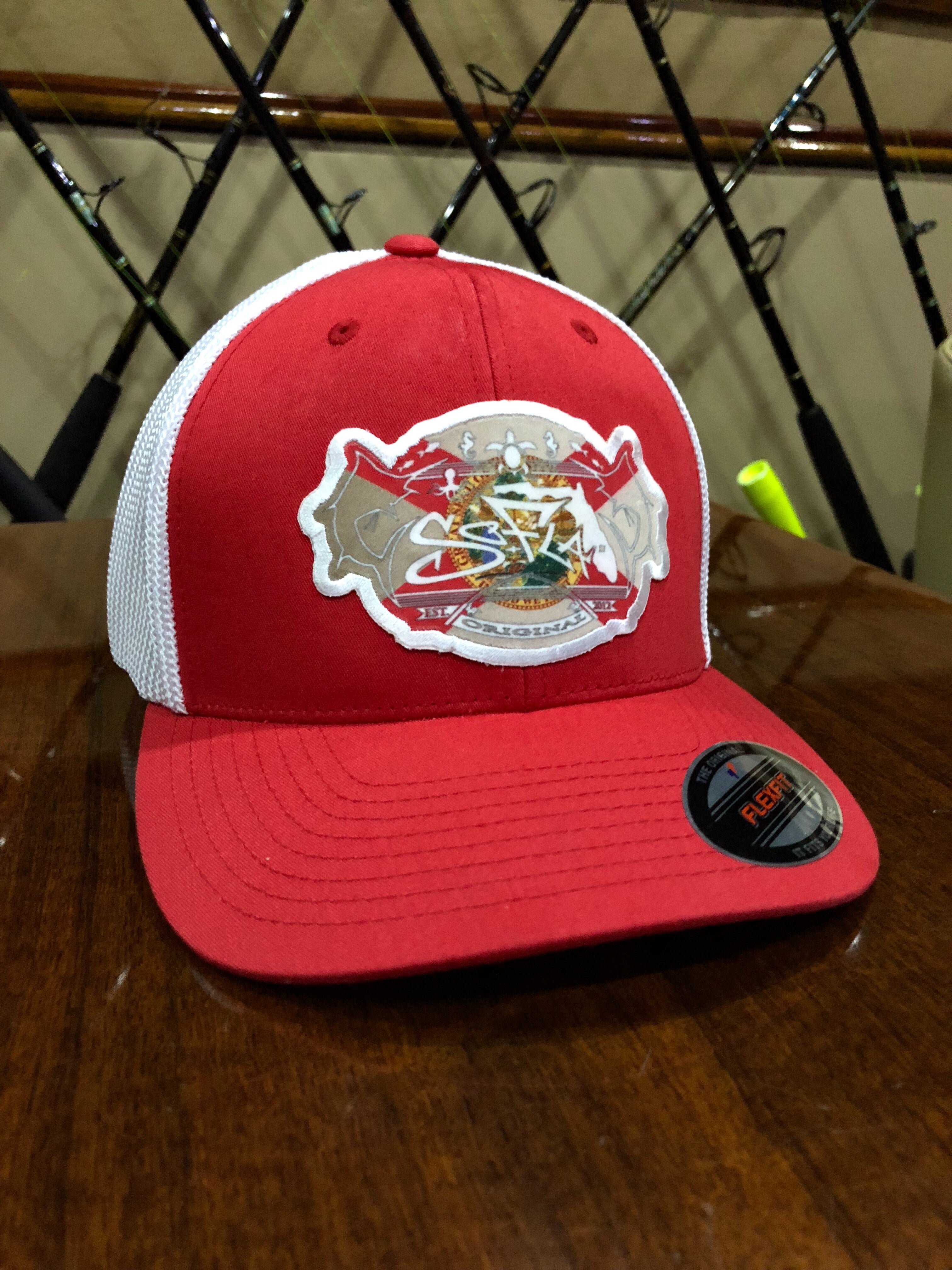 Red and White Heritage flex fit Sunwear So-Fla trucker –