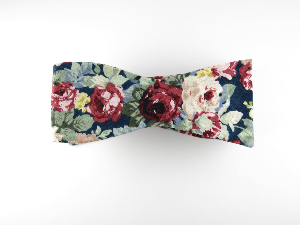 Floral Bow Tie, Navy Red, Flat End - SuitedMan