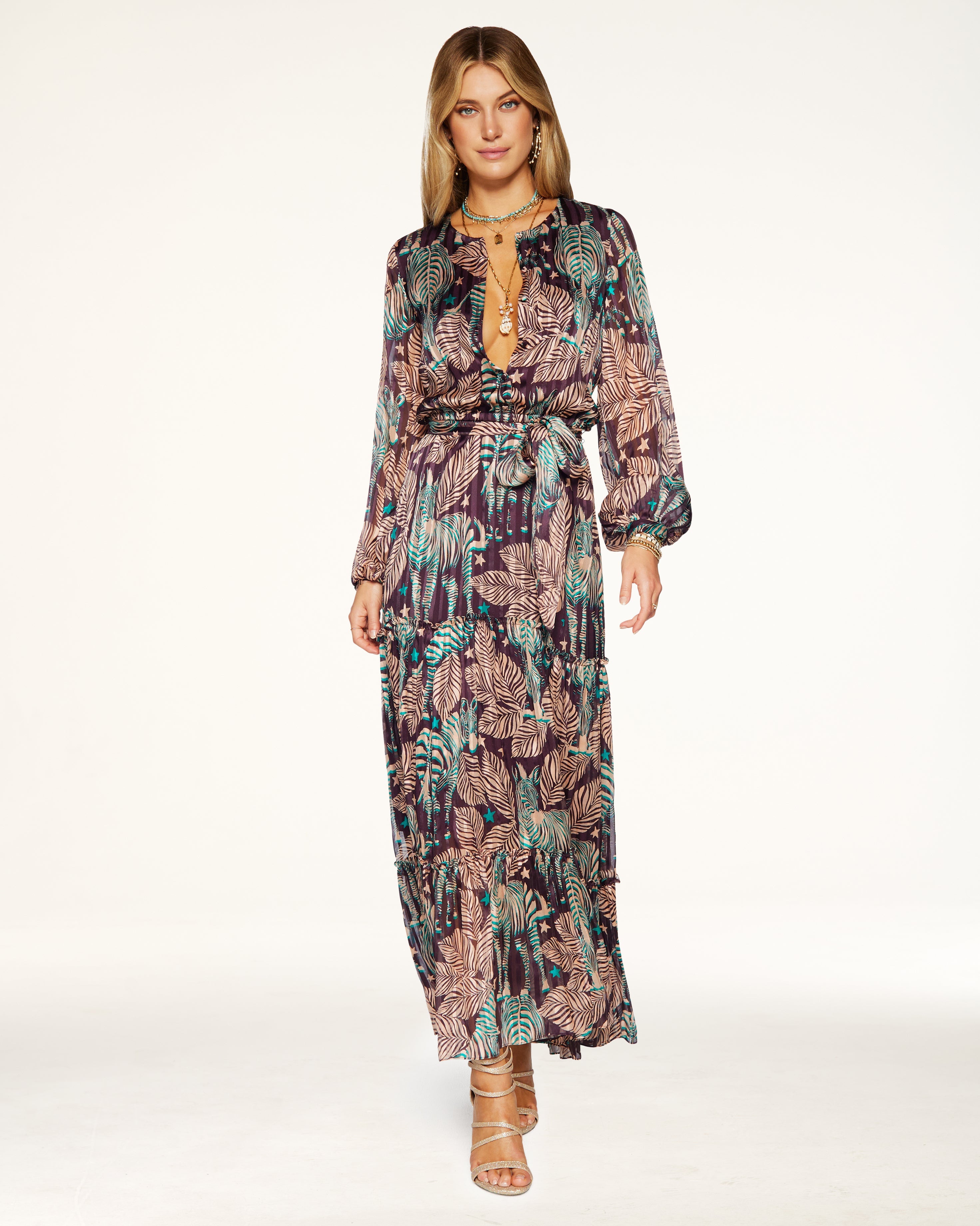  Zebra Printed Enya Tiered Maxi Dress in Raisin