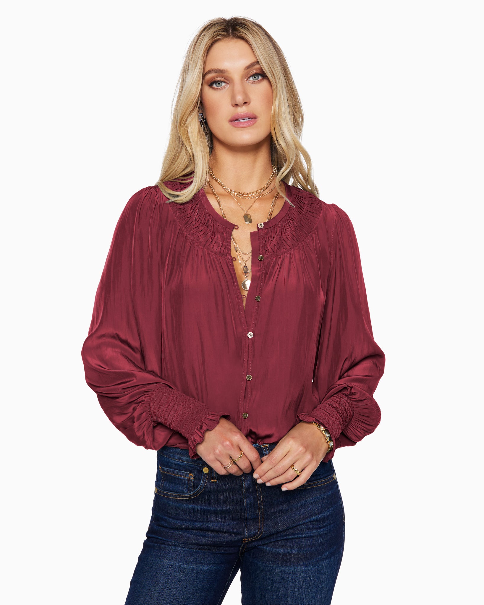  Isla Puff Sleeve Blouse in Bordeaux