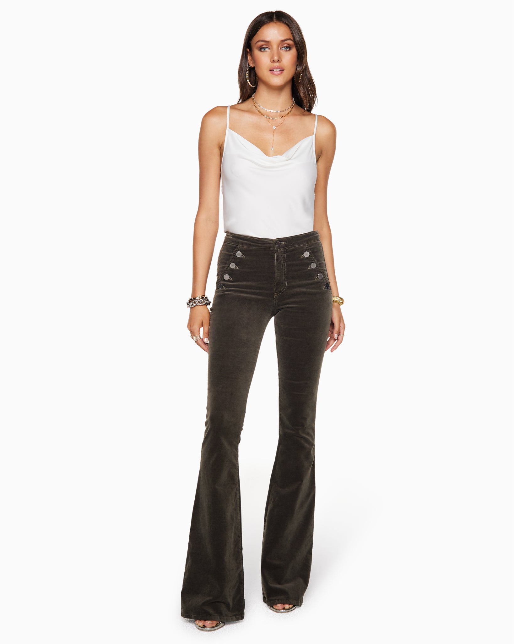  Helena High-rise Velvet Flare Pant in Olive