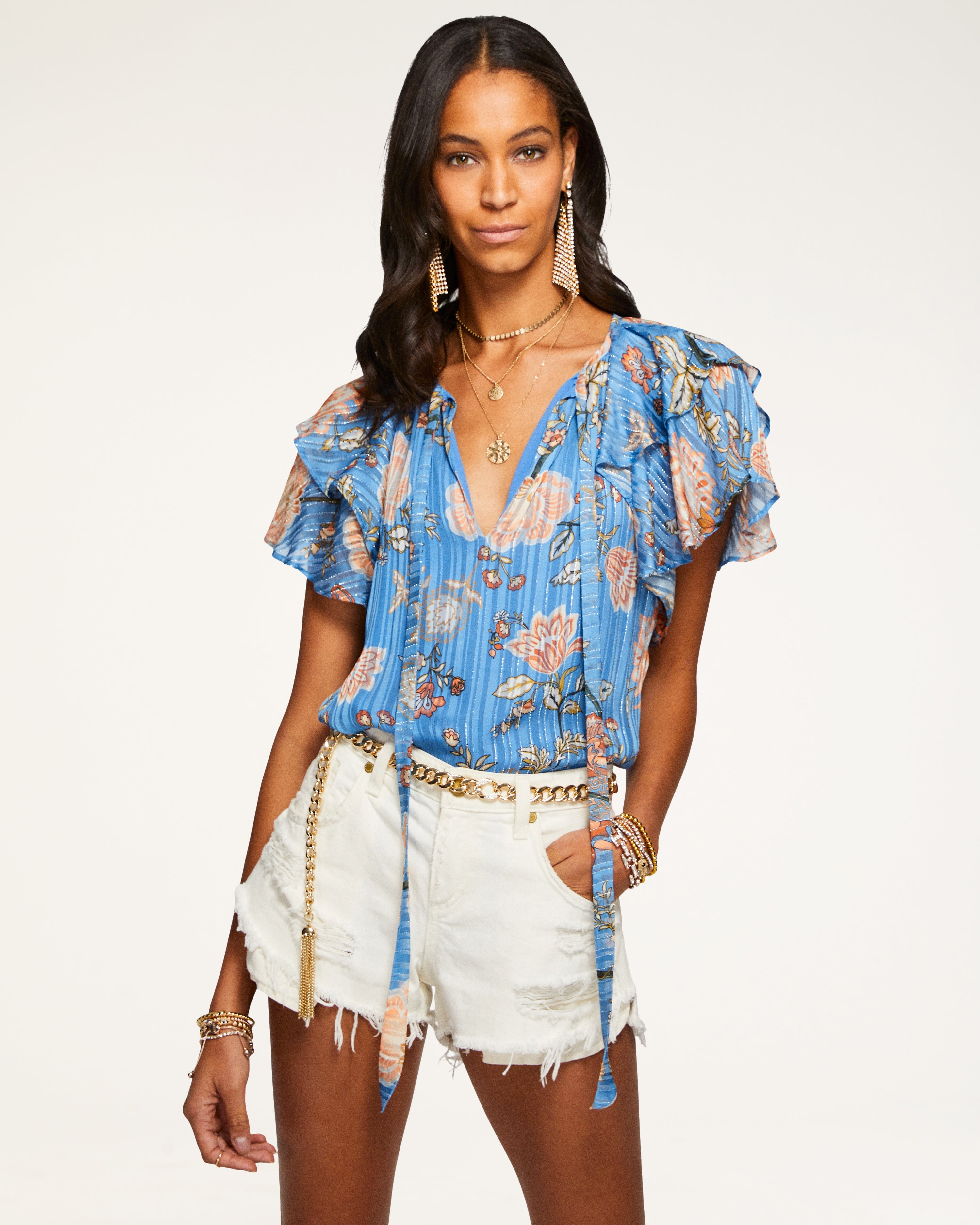  Printed Sue Ruffle Sleeve Top in Ocean