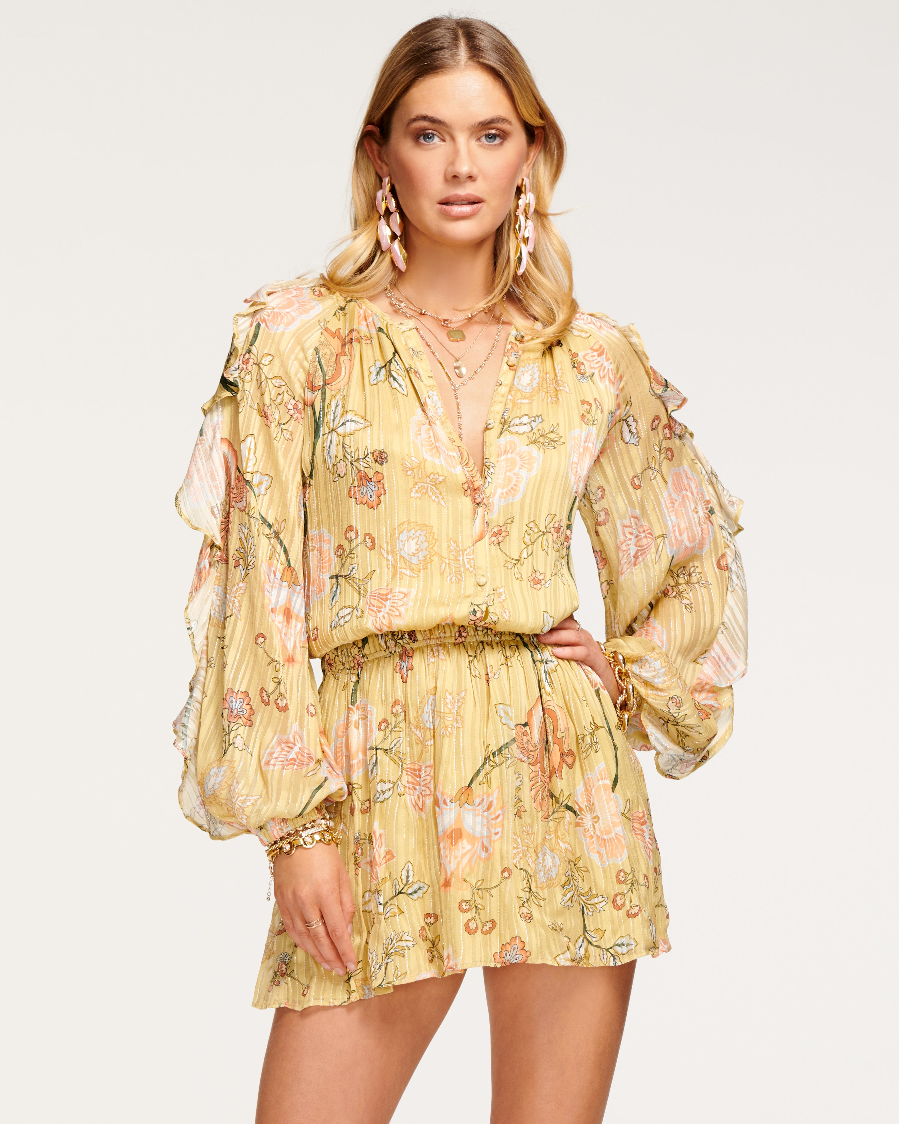  Printed Hamilton Ruffle Sleeve Mini Dress in Daffodil