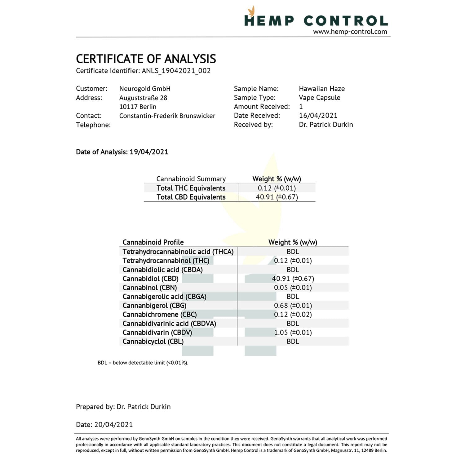 Hawaiian Haze Zertifikat