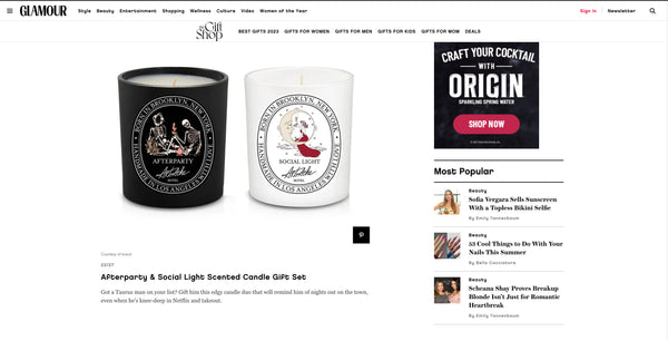 Glamour Magazine Article Screenshot of the ArtAche Hotel Candles in "Gifts for Taurus..."